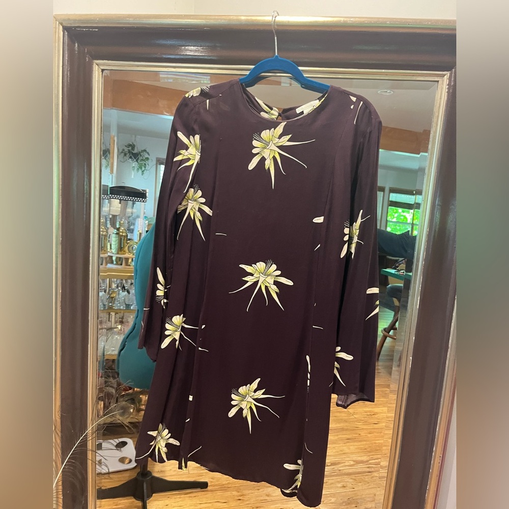 H&M Brown with flowers Sheath Dress with Bell Sleeves